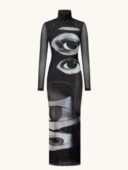 Ahagaga Fashion Women's Maxi Dresses Printed Turtleneck Regular Long Sleeves Sheath Slim Fit Eyes Causal Streetwear Vestidos