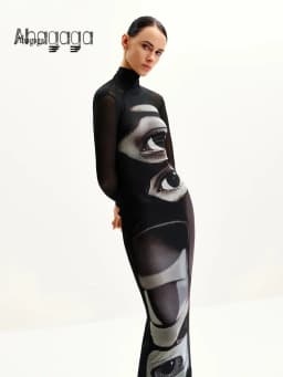 Ahagaga Fashion Women's Maxi Dresses Printed Turtleneck Regular Long Sleeves Sheath Slim Fit Eyes Causal Streetwear Vestidos