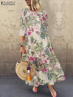 ZANZEA Floral Printed Bohemian Women's Midi Dress Loose Casual 3/4 Sleeve O Neck Long Robe Spring Retro Vacation A-line Vestidos