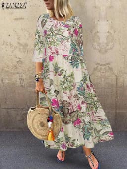 ZANZEA Floral Printed Bohemian Women's Midi Dress Loose Casual 3/4 Sleeve O Neck Long Robe Spring Retro Vacation A-line Vestidos