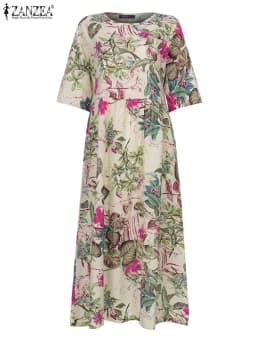 ZANZEA Floral Printed Bohemian Women's Midi Dress Loose Casual 3/4 Sleeve O Neck Long Robe Spring Retro Vacation A-line Vestidos