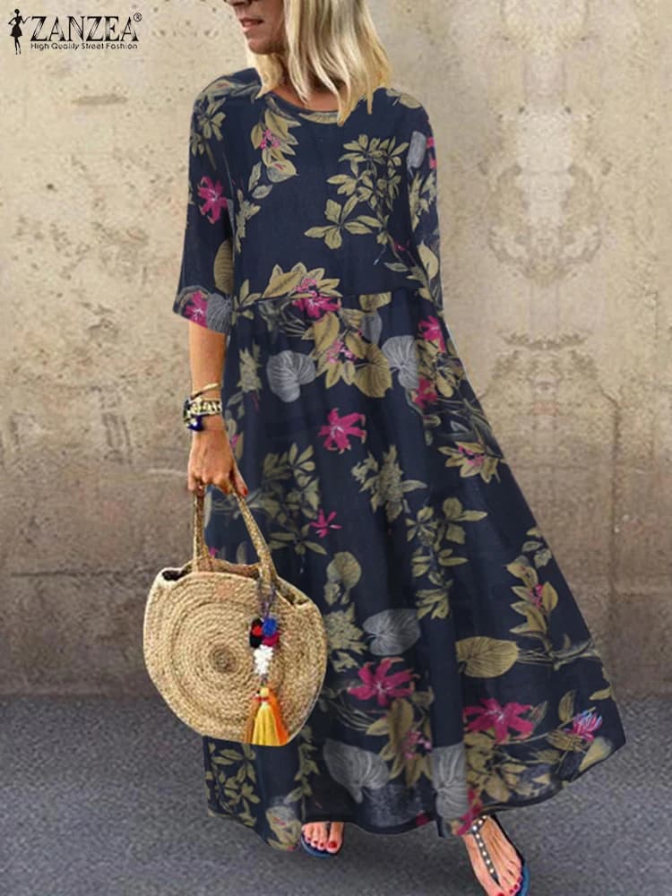 ZANZEA Floral Printed Bohemian Women's Midi Dress Loose Casual 3/4 Sleeve O Neck Long Robe Spring Retro Vacation A-line Vestidos