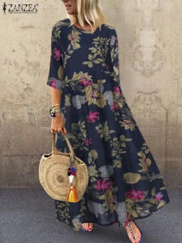 ZANZEA Floral Printed Bohemian Women's Midi Dress Loose Casual 3/4 Sleeve O Neck Long Robe Spring Retro Vacation A-line Vestidos
