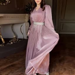 Lady Lantern Sleeve Big Hem Dresses Fashion V-neck Ruffles Gauze Evening Dress Temperament High Waist Solid Color Banquet Dress