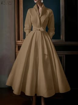 ZANZEA Fashion Women Lapel Neck Long Sleeve Party Dress 2026 Spring Office OL Dresses Belted Robe Solid A Line Waisted Sundress