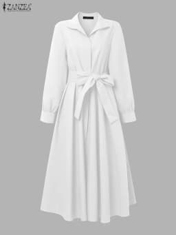 ZANZEA Fashion Women Lapel Neck Long Sleeve Party Dress 2026 Spring Office OL Dresses Belted Robe Solid A Line Waisted Sundress
