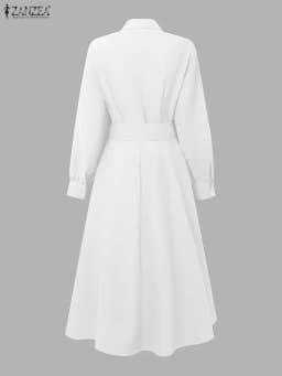 ZANZEA Fashion Women Lapel Neck Long Sleeve Party Dress 2026 Spring Office OL Dresses Belted Robe Solid A Line Waisted Sundress
