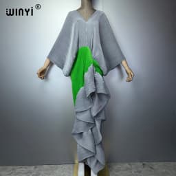WINYI New Pleated Slim High-Fork Dress for Women Fashion Beach Cover-Up Muslim Kaftan Abaya Dubai Luxury Long Evening Gown
