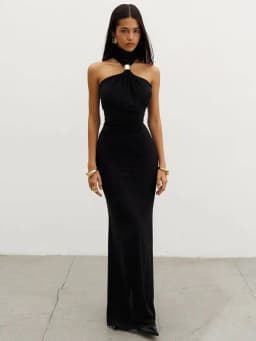 Balitops Gold Ring Turtleneck Maxi Tank Dress Women Summer New Slim Fit Female Dress Sleeveless Back Split Bodycon Long Dress