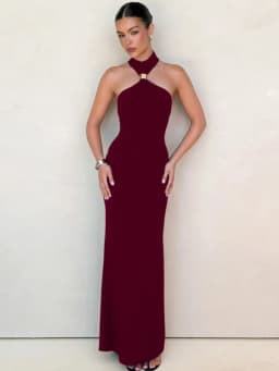 Balitops Gold Ring Turtleneck Maxi Tank Dress Women Summer New Slim Fit Female Dress Sleeveless Back Split Bodycon Long Dress