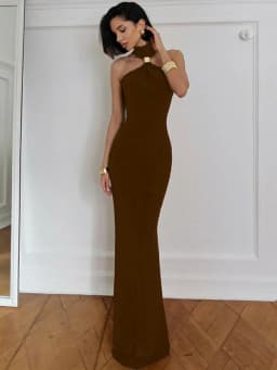 Balitops Gold Ring Turtleneck Maxi Tank Dress Women Summer New Slim Fit Female Dress Sleeveless Back Split Bodycon Long Dress