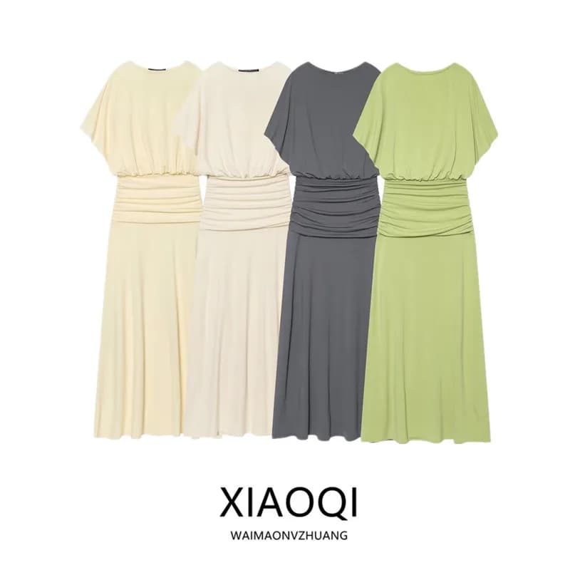 Fashionable Long Midi Dress Summer 2026 Women's Versatile High Waist Pleated Dress Commute Style Short Sleeve round Neck Dress