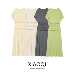 Fashionable Long Midi Dress Summer 2026 Women's Versatile High Waist Pleated Dress Commute Style Short Sleeve round Neck Dress
