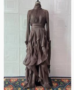 LGRQ Early Autumn Turtleneck Lantern Sleeves Shinny Ruffles Pullover Floor Length Vacation Dress High Waist Female Vestido