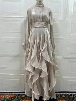 LGRQ Early Autumn Turtleneck Lantern Sleeves Shinny Ruffles Pullover Floor Length Vacation Dress High Waist Female Vestido