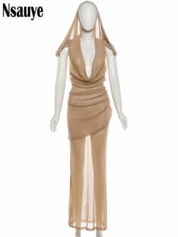 Nsauye Women Party Glitter Slim Pleated Hooded Dress Club 2026 Spring New Sexy Backless Sleeveless V Neck Evening Maxi Dresses