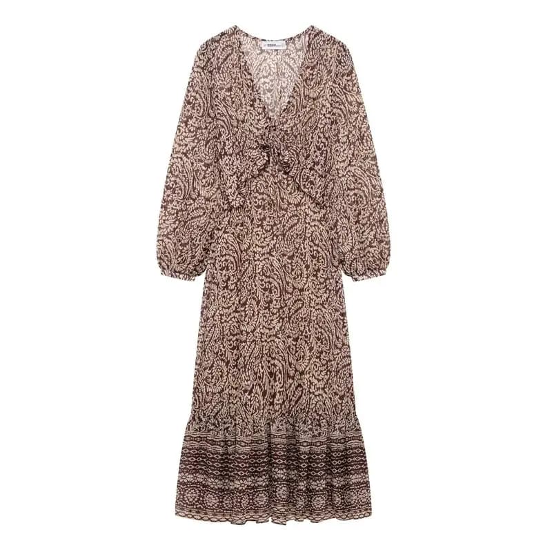 Spring 2025 New Women's Midi Dress V-neck Layered Decoration Print Long Sleeve Commute Style Single Piece Other Material 100%