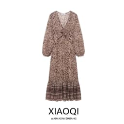 Spring 2025 New Women's Midi Dress V-neck Layered Decoration Print Long Sleeve Commute Style Single Piece Other Material 100%