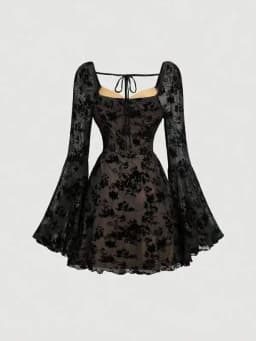 Sexy Womens Dress Temperament Embroidered Slim Fashion Elegant Evening Gown Long Sleeve Lace Strappy High Waist A-Line Vestido