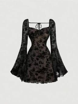 Sexy Womens Dress Temperament Embroidered Slim Fashion Elegant Evening Gown Long Sleeve Lace Strappy High Waist A-Line Vestido