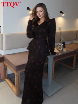 TTQV Fashion Loose Print Women's Dress 2026 Spring V-Neck Long Sleeve Maxi Dresses Elegant Classic High Waist Female Dress