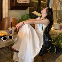 French Style White Suspender Dress Woman Korean Chic Drawstring High Waist Long Dresses Summer Sleeveless Square Collar Dress