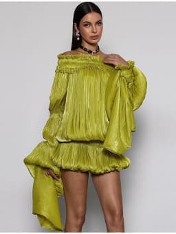 Sexy Trendy Beige Mesh Fold Irregular Dress Women Chic Square Collar Flared Sleeve Pleat Hollow Out Gown Summer Club Party Wear