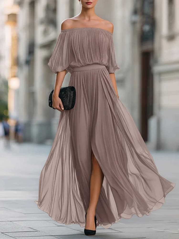 Spring Summer Off Shoulder High Waist Long Dress Casual Short Sleeved Holiday Dress Ladies Temperament Solid Color Chiffon Dress
