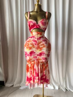 CM.YAYA 2026 Women's Tropical Floral Print Cutout Ruched Ruffle Midi Dress Summer Elegant Birthday Party Club Cocktail Dresses