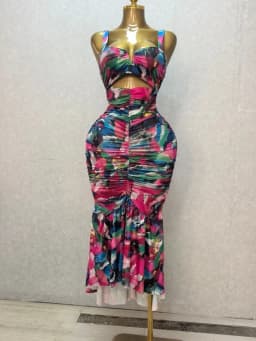 CM.YAYA 2026 Women's Tropical Floral Print Cutout Ruched Ruffle Midi Dress Summer Elegant Birthday Party Club Cocktail Dresses