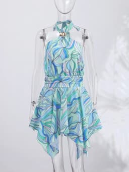 Print Women Dress Backless Mini Dress Halter High Waist Dresses Flared Skirt Hem Waist Shaping Slimming Casual Trendy Street Sty