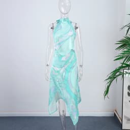 Print Women Dress Backless Mini Dress Halter High Waist Dresses Flared Skirt Hem Waist Shaping Slimming Casual Trendy Street Sty