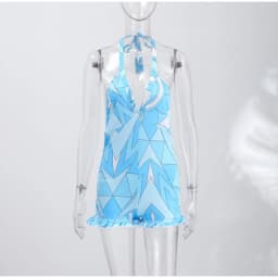 Print Women Dress Backless Mini Dress Halter High Waist Dresses Flared Skirt Hem Waist Shaping Slimming Casual Trendy Street Sty