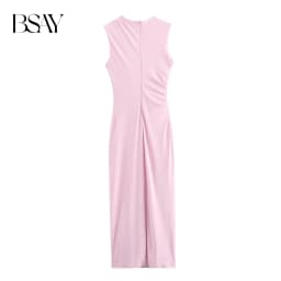 BSAY Women Fashion Summer New White Pleated Back Zip Sleeveless Crewneck Vest Long Dress Chic Female Elegant Evening