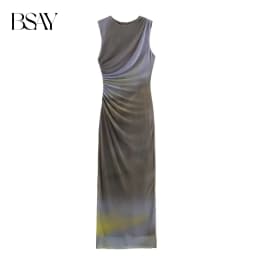 BSAY Women Fashion Summer New White Pleated Back Zip Sleeveless Crewneck Vest Long Dress Chic Female Elegant Evening