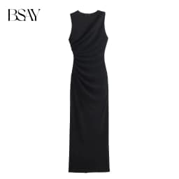 BSAY Women Fashion Summer New White Pleated Back Zip Sleeveless Crewneck Vest Long Dress Chic Female Elegant Evening