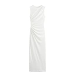 BSAY Women Fashion Summer New White Pleated Back Zip Sleeveless Crewneck Vest Long Dress Chic Female Elegant Evening