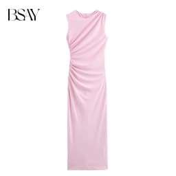 BSAY Women Fashion Summer New White Pleated Back Zip Sleeveless Crewneck Vest Long Dress Chic Female Elegant Evening