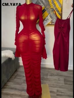 CM.YAYA Women Flare Long Sleeve Stacked Ruched Mesh See Though with Tank Dress Maxi Long Dress 2025 Birthday Sexy Party Dresses