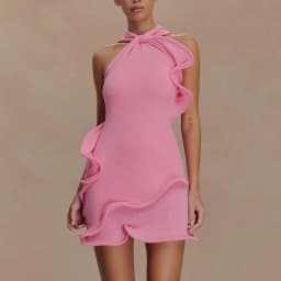 hirigin Women Knitted Halter Mini Dress Sleeveless Crochet Ruffle Edge Bodycon Short Dresses Y2k Sexy Beach Coverup Sundres
