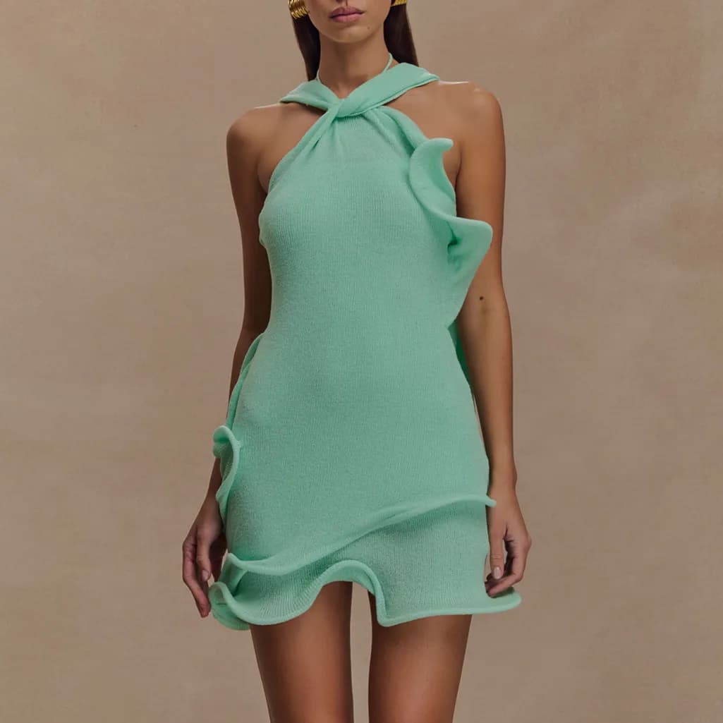 hirigin Women Knitted Halter Mini Dress Sleeveless Crochet Ruffle Edge Bodycon Short Dresses Y2k Sexy Beach Coverup Sundres