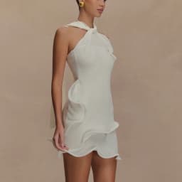 hirigin Women Knitted Halter Mini Dress Sleeveless Crochet Ruffle Edge Bodycon Short Dresses Y2k Sexy Beach Coverup Sundres