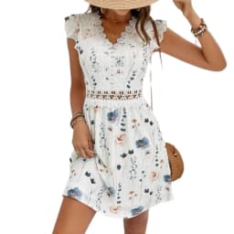 Summer Elegant Lace Mini Dress Women 2025 Fashion Sleevelesss A-line Floral Print V-neck Short Dresses Casual