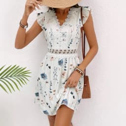 Summer Elegant Lace Mini Dress Women 2025 Fashion Sleevelesss A-line Floral Print V-neck Short Dresses Casual