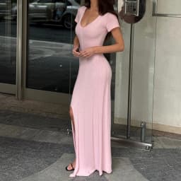 TARUXY Spring Summer Short-Sleeved Knitted Dress Women Solid V-Neck Slit Long Dress Slim Sexy Commuting Leisure Dress Female New