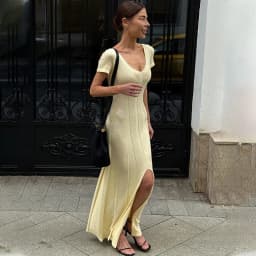 TARUXY Spring Summer Short-Sleeved Knitted Dress Women Solid V-Neck Slit Long Dress Slim Sexy Commuting Leisure Dress Female New