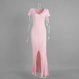 TARUXY Spring Summer Short-Sleeved Knitted Dress Women Solid V-Neck Slit Long Dress Slim Sexy Commuting Leisure Dress Female New