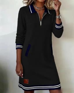 Autumn Winter Fashionable Versatile Women's Dress Casual Contrasting Color Splicing Lapel Long-sleeved Loose Dress With Pockets