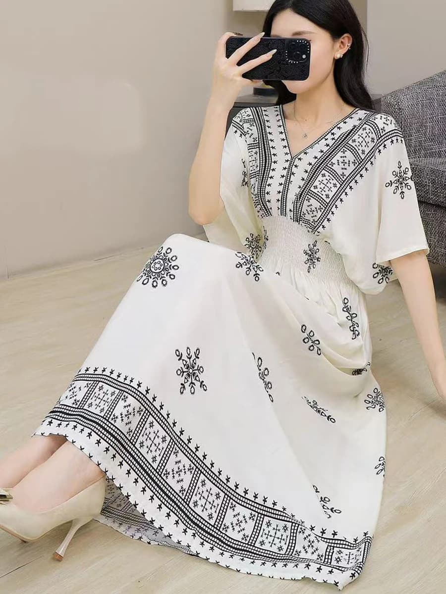 n Long Print Dr V-Ne Slimming Cotton Silk Beachwear Casual High Waist Summer Women's Loose Fit Overhead Dr