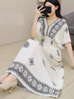 n Long Print Dr V-Ne Slimming Cotton Silk Beachwear Casual High Waist Summer Women's Loose Fit Overhead Dr